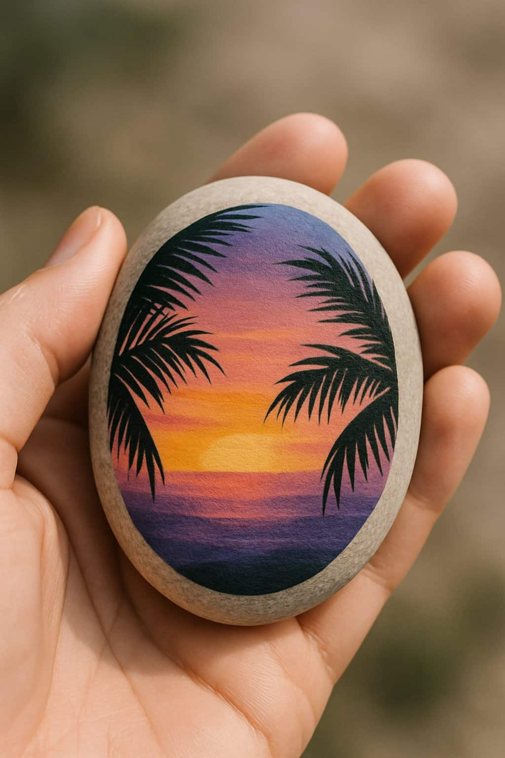 A hand holding a smooth river rock painted with a sunset design, framed by palm leaves.