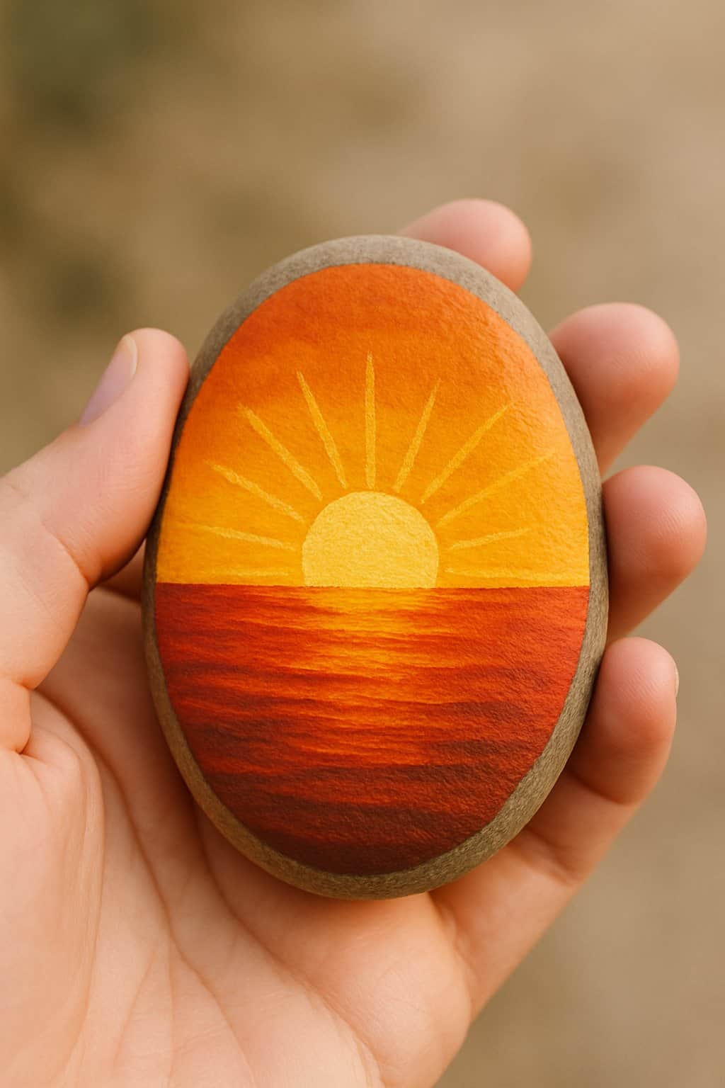 A hand holding a smooth river rock painted with a glowing sun and golden rays of a sunset.