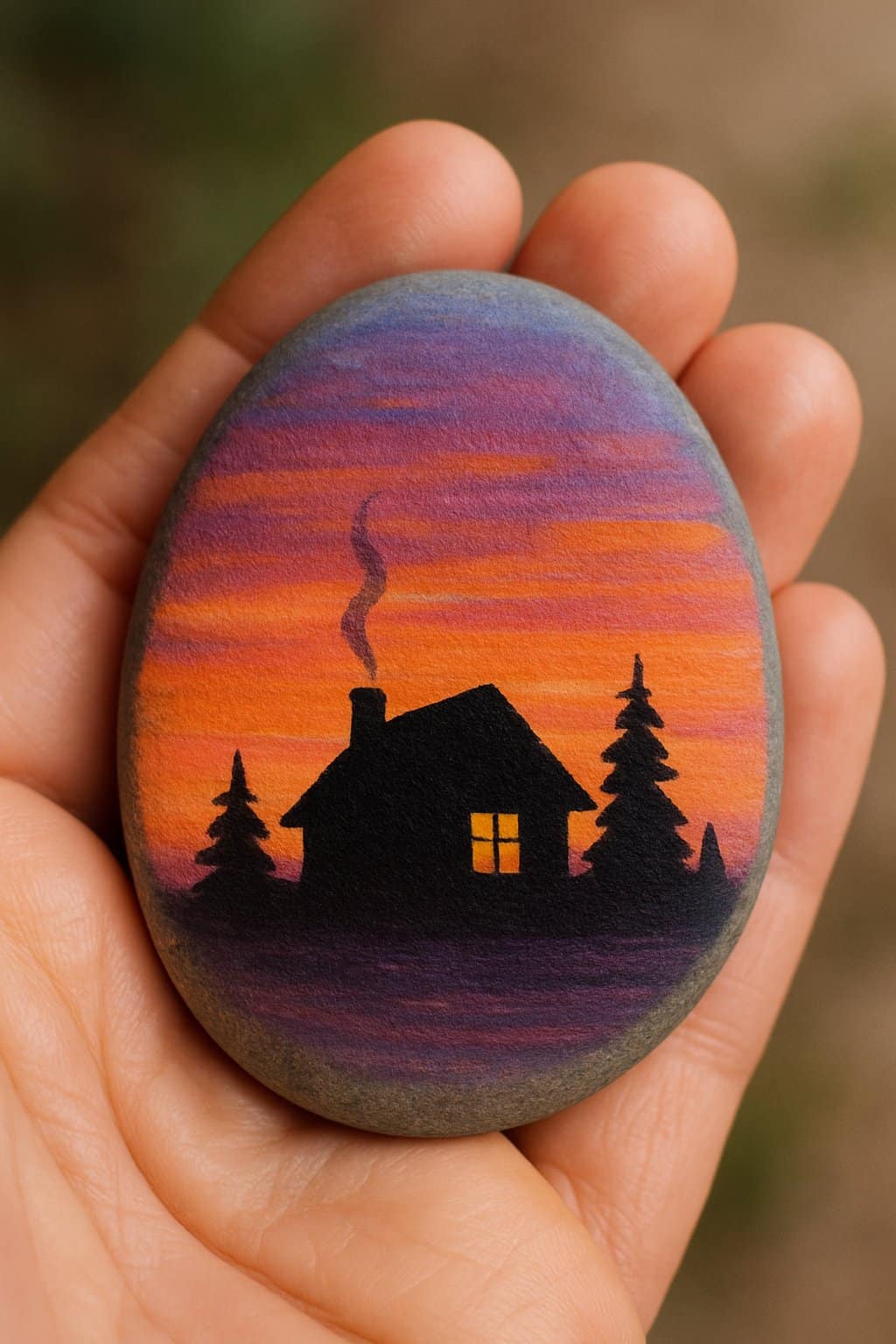 A hand holding a smooth rock painted with a sunset and a small cabin silhouette.
