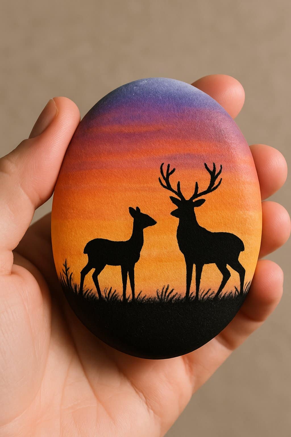 A hand holding a smooth river rock painted with a sunset and silhouettes of deer.