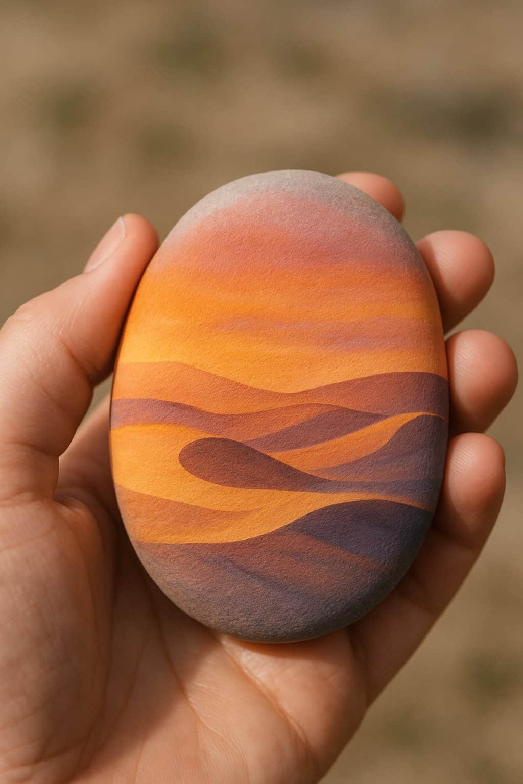 A hand holding a smooth painted rock with a sunset and sand dunes design.