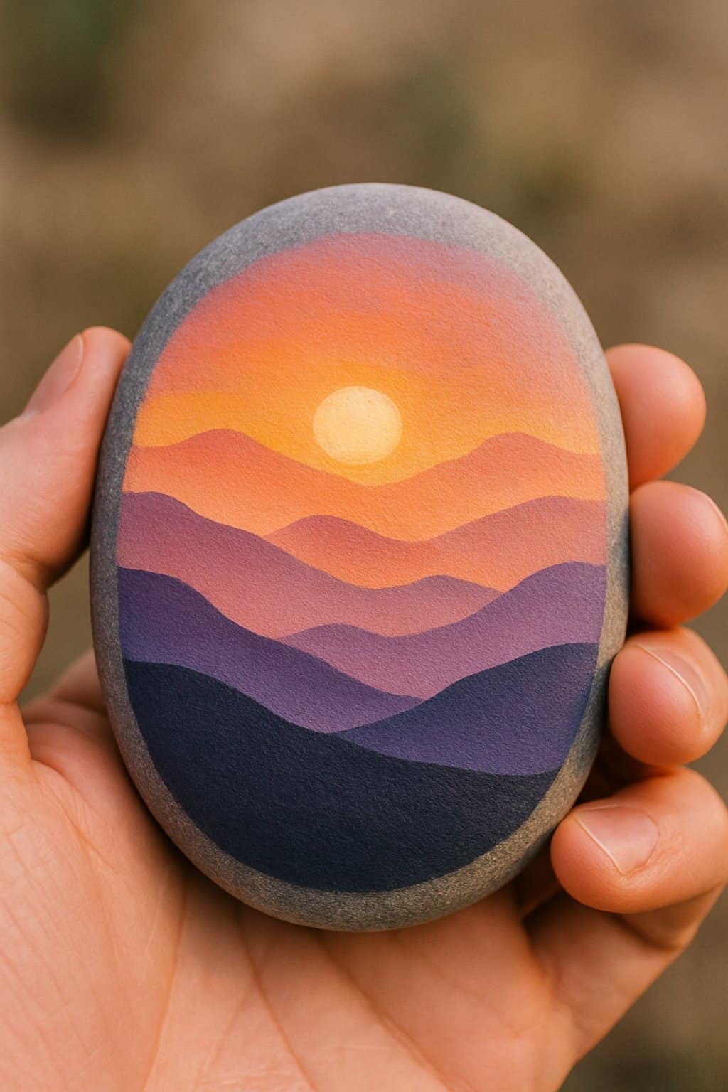A hand holding a smooth river rock painted with a sunset and layered mountains design.