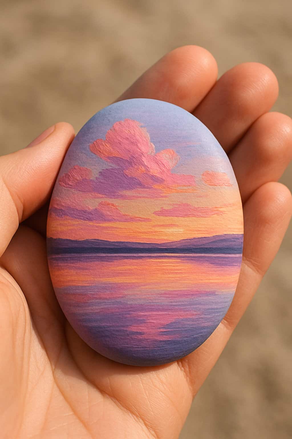 A hand holding a smooth river rock painted with a sunset scene of pink clouds reflecting on a lake.