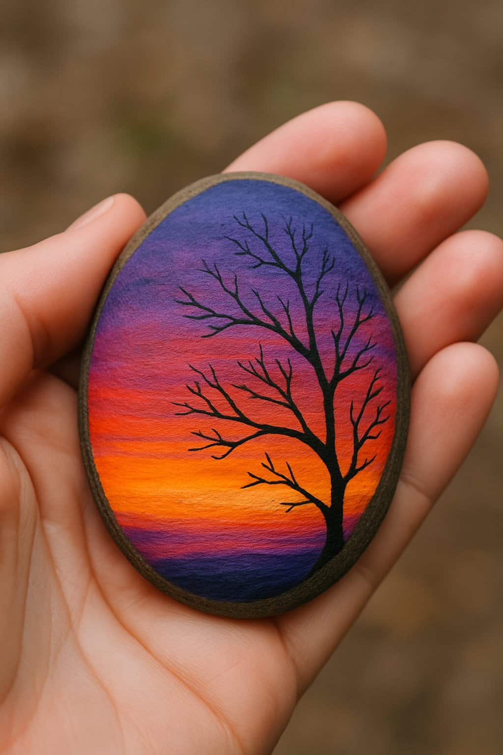 A hand holding a smooth painted rock featuring a sunset with a tree branch in the foreground.