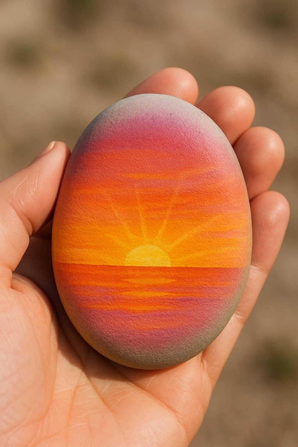 A hand holding a smooth river rock painted with a sunset design featuring warm gradient colors and sun rays.