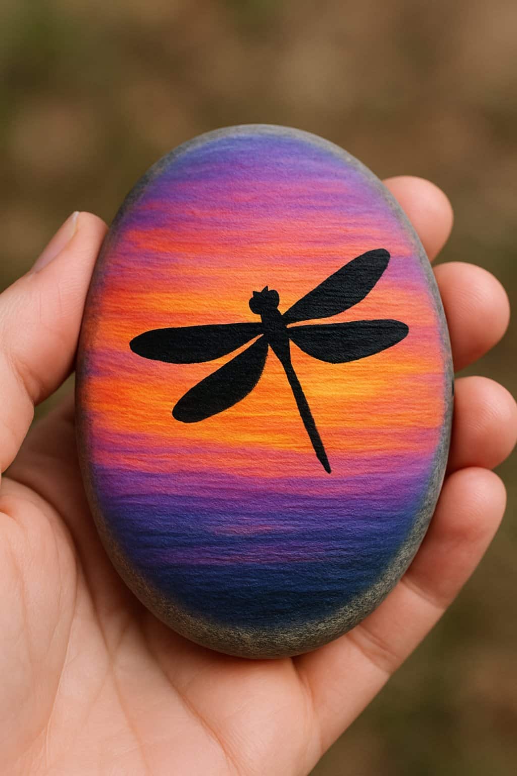 Hand holding a smooth river rock painted with a sunset and a dragonfly silhouette.
