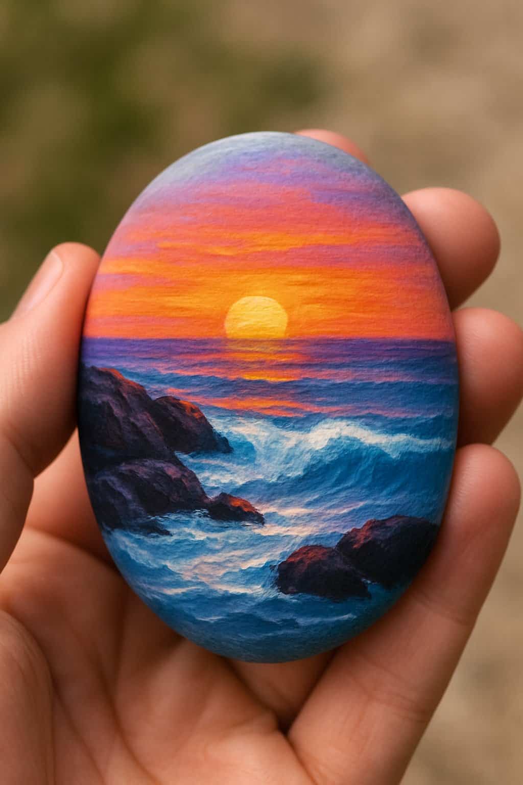 A hand holding a smooth river rock painted with a sunset and waves design.