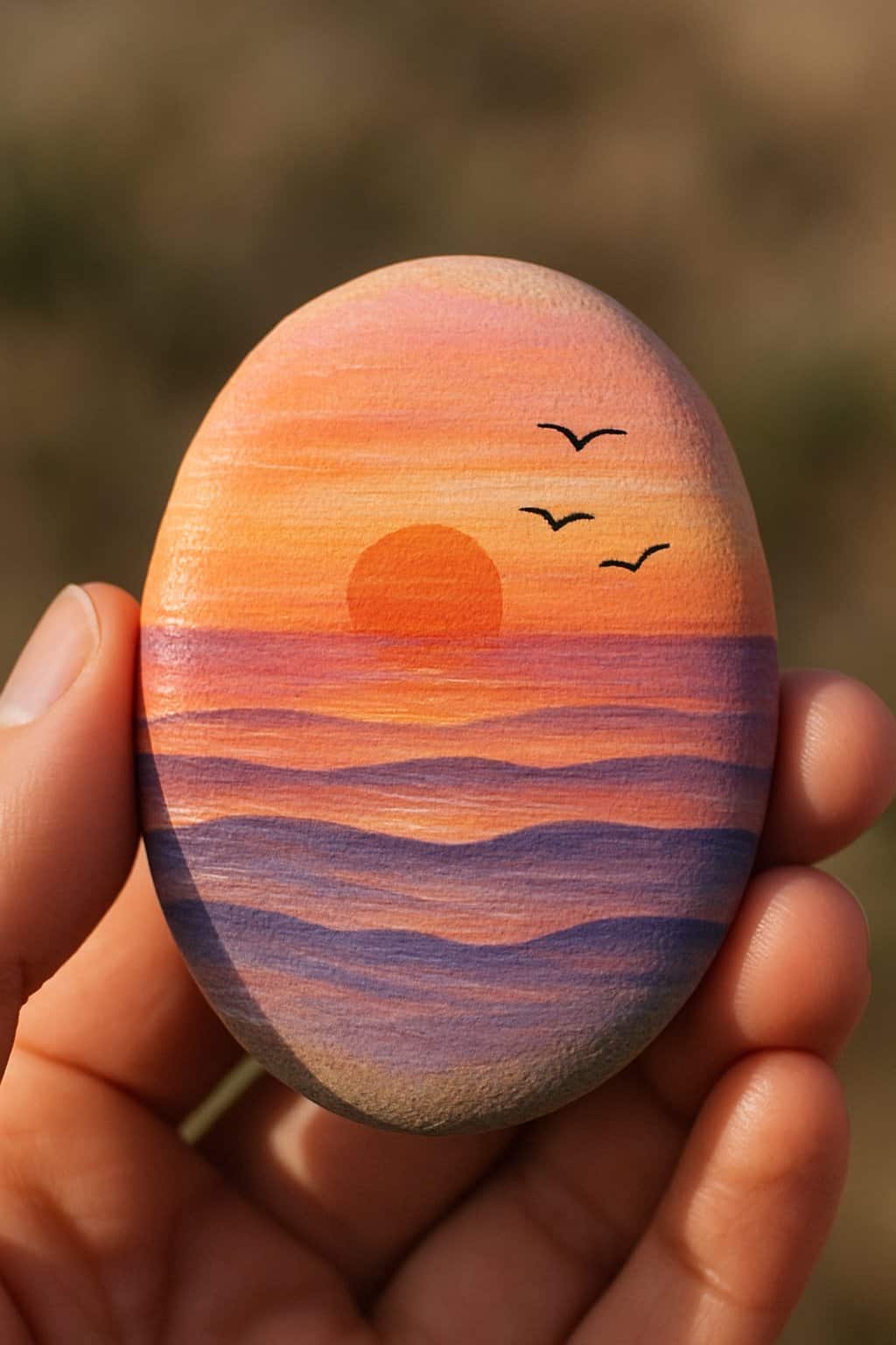 A hand holding a smooth river rock painted with a sunset, gentle waves, and seagulls.