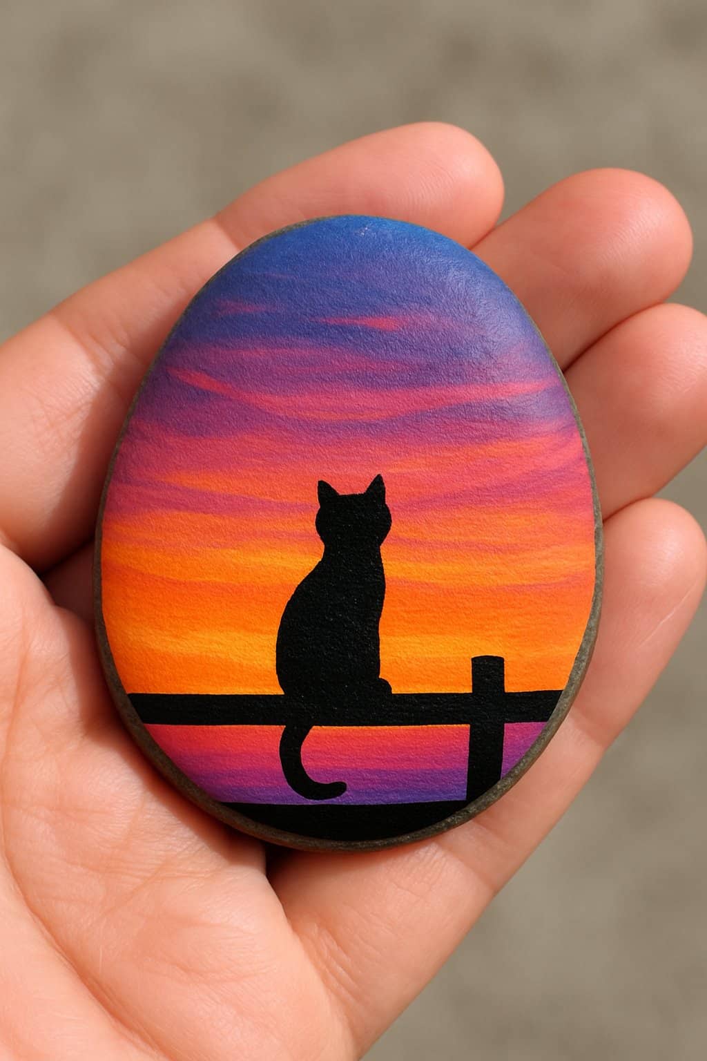 A hand holding a smooth river rock painted with a sunset and a silhouette of a cat sitting on a fence.