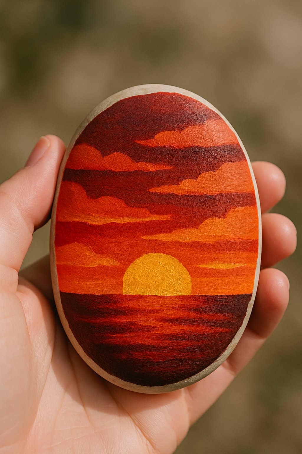 A hand holding a smooth river rock painted with a red and orange layered sunset design.