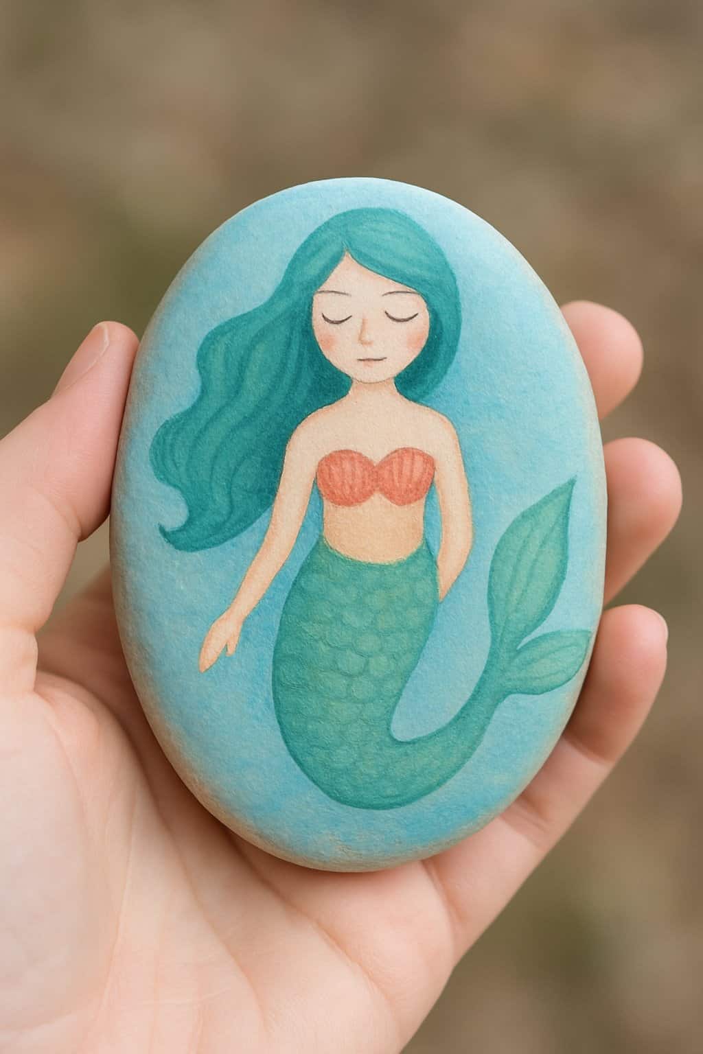 A hand holding a smooth river rock painted with a simple mermaid design.