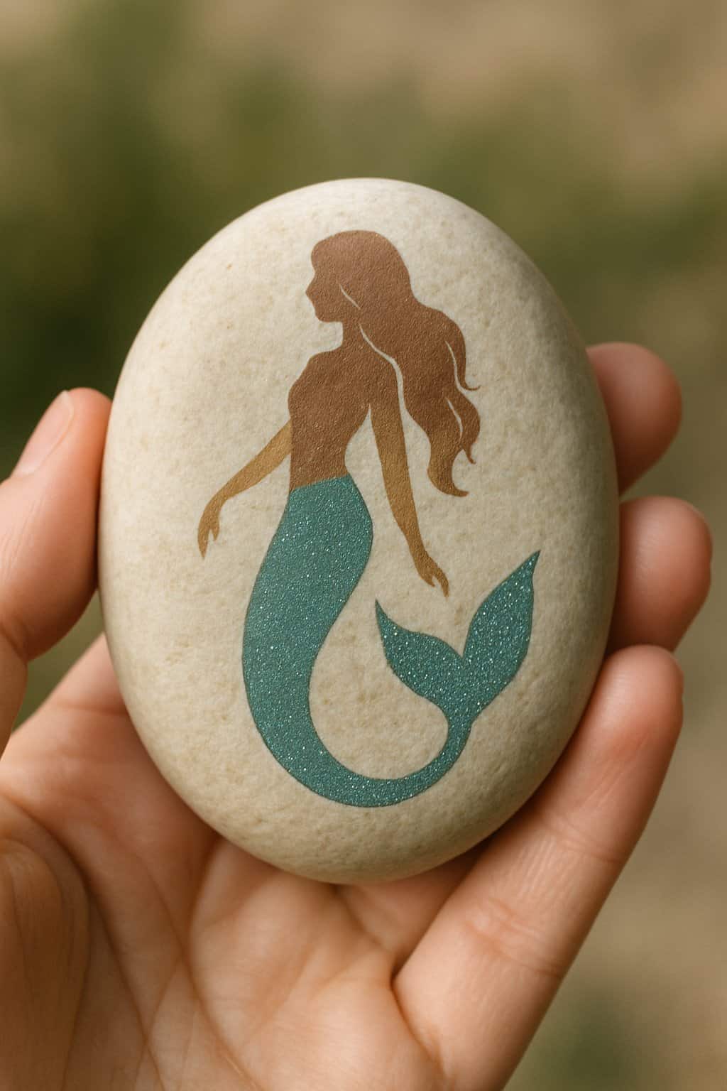 A hand holding a smooth river rock painted with a mermaid silhouette with a glittery tail.