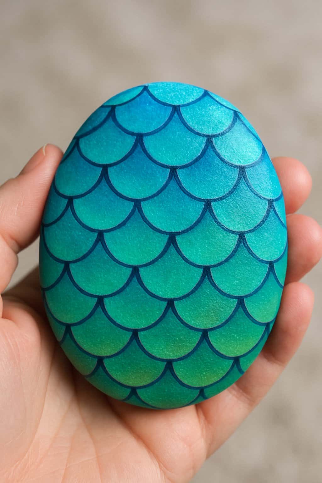 A hand holding a smooth river rock painted with blue and green mermaid scale patterns.