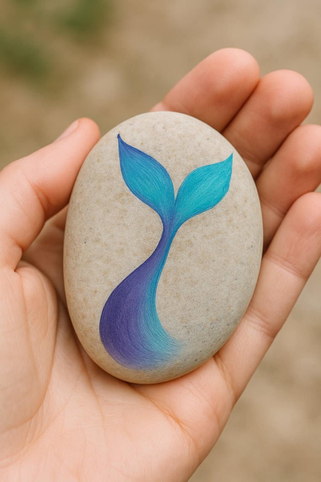 A hand holding a smooth river rock painted with a purple and teal mermaid tail design.
