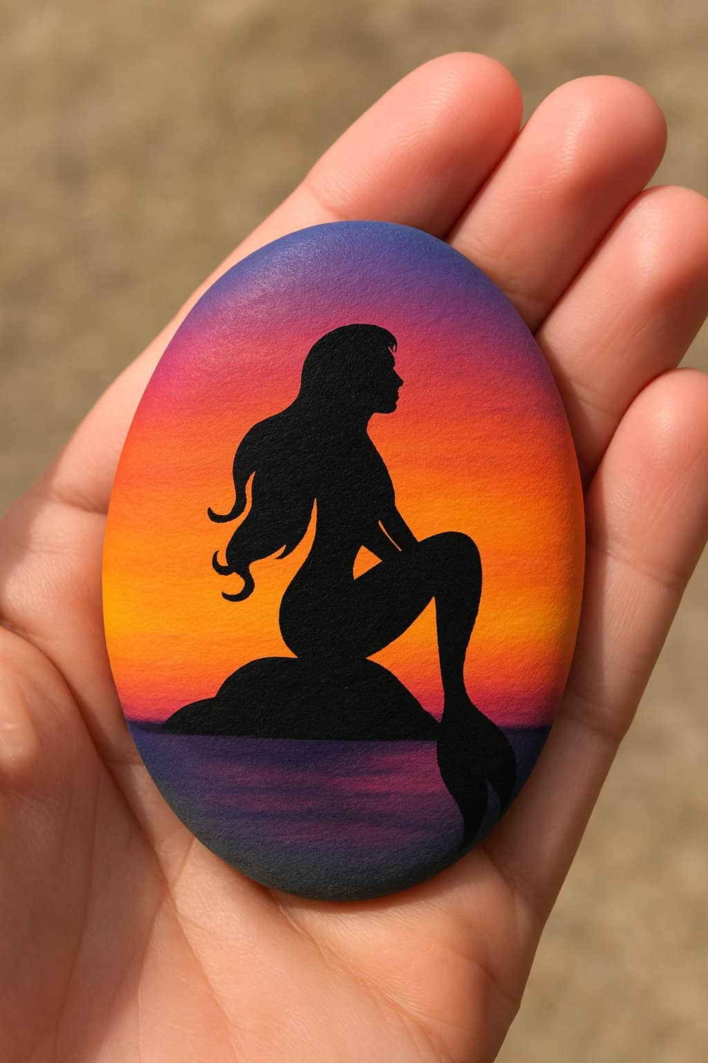 A hand holding a smooth river rock painted with a mermaid silhouette against a sunset background.