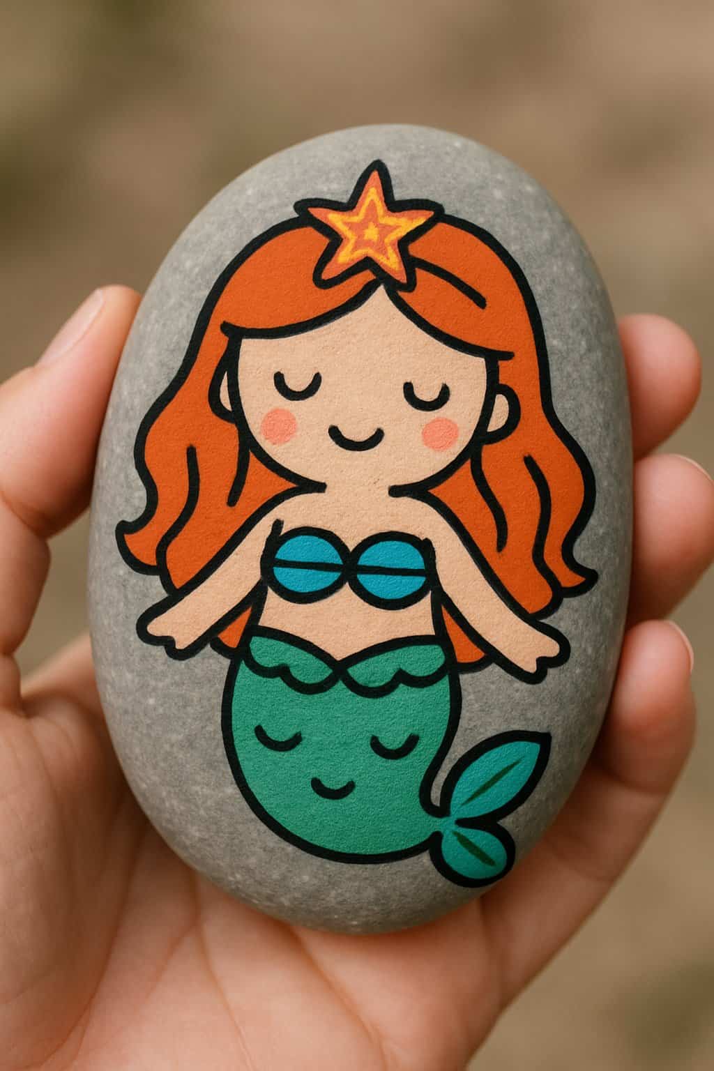 A hand holding a smooth river rock painted with a simple cartoon mermaid wearing a starfish crown.