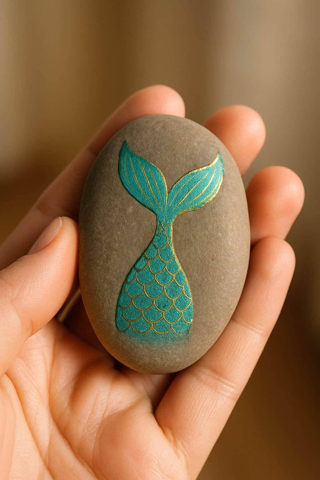 A hand holding a smooth river rock painted with a mermaid tail design featuring metallic gold highlights.