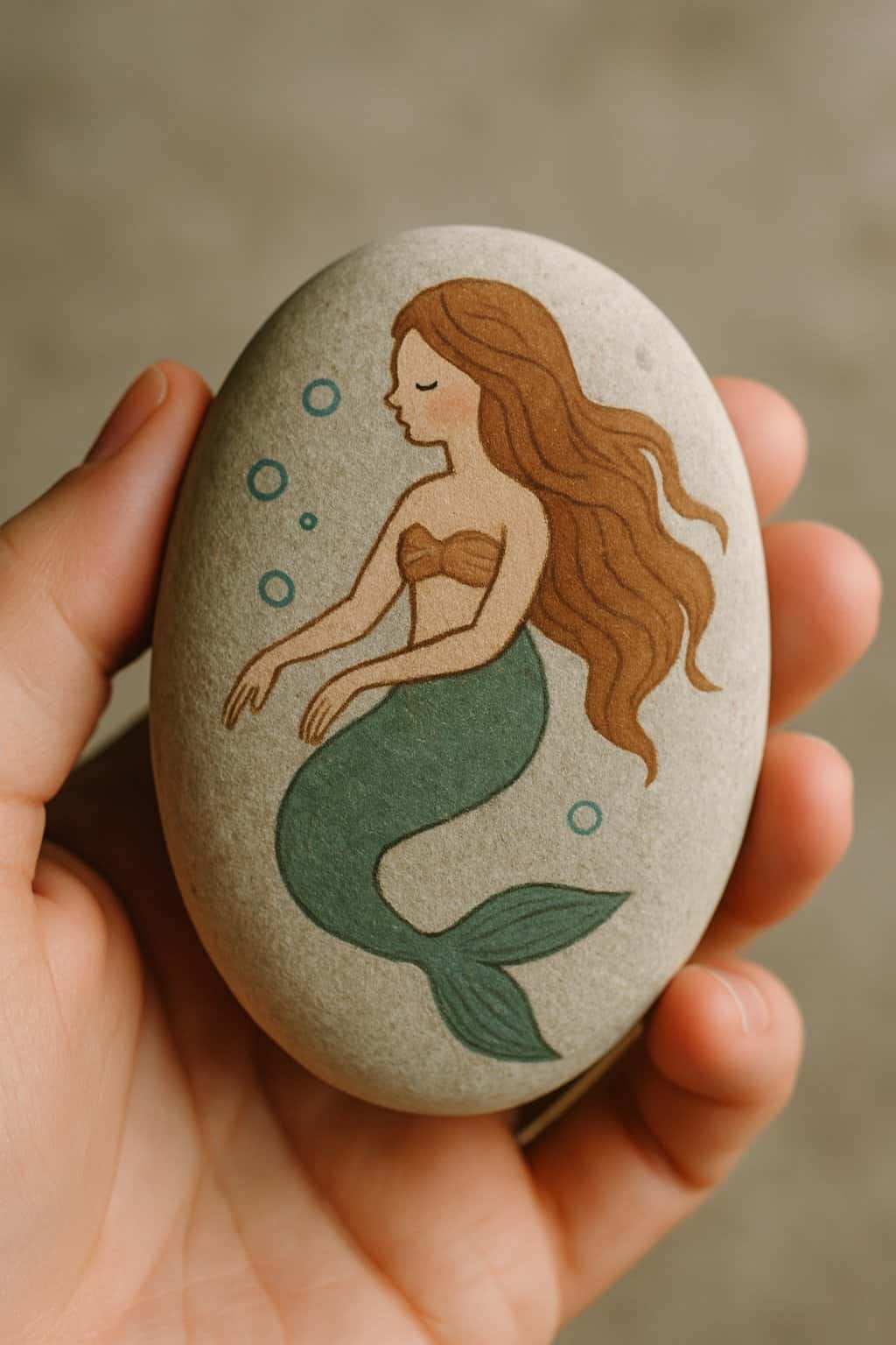 A hand holding a smooth river rock painted with a simple mermaid and bubbles.