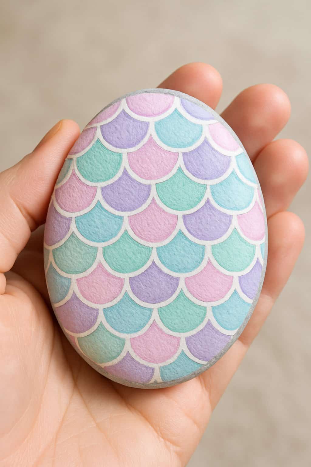 A hand holding a smooth river rock painted with pastel-colored mermaid scales.