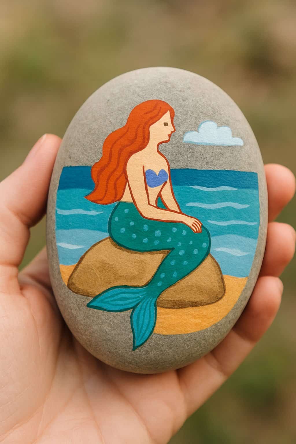 A hand holding a smooth river rock painted with a mermaid sitting on a beach rock.