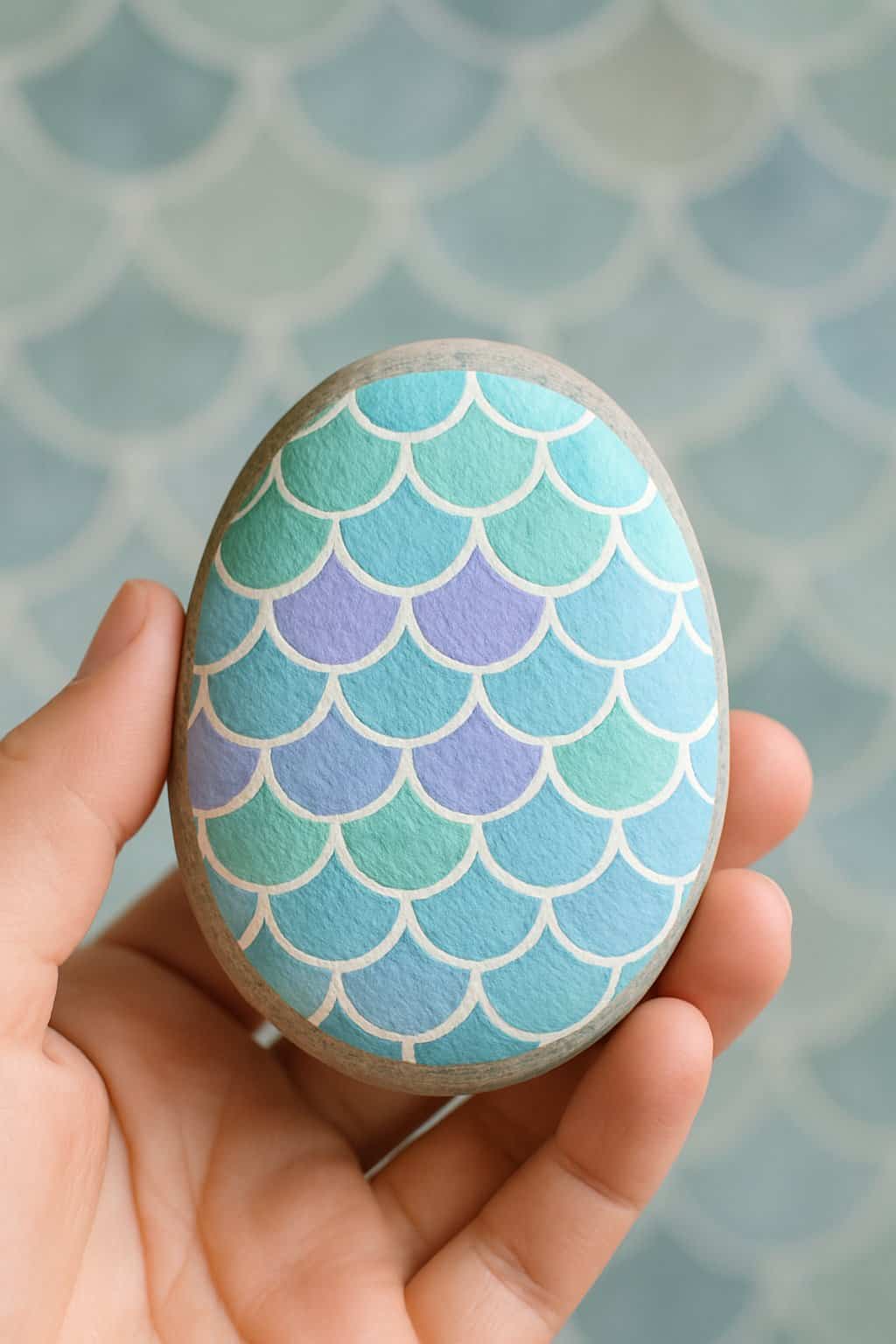 A hand holding a smooth river rock painted with a simple ocean-themed design against a softly blurred background with mermaid scale patterns.
