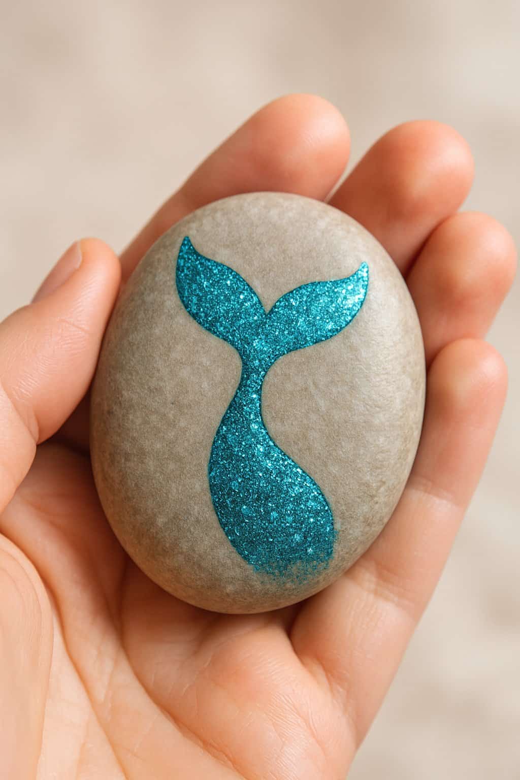 A hand holding a smooth river rock painted with a shiny aqua glitter mermaid tail design.
