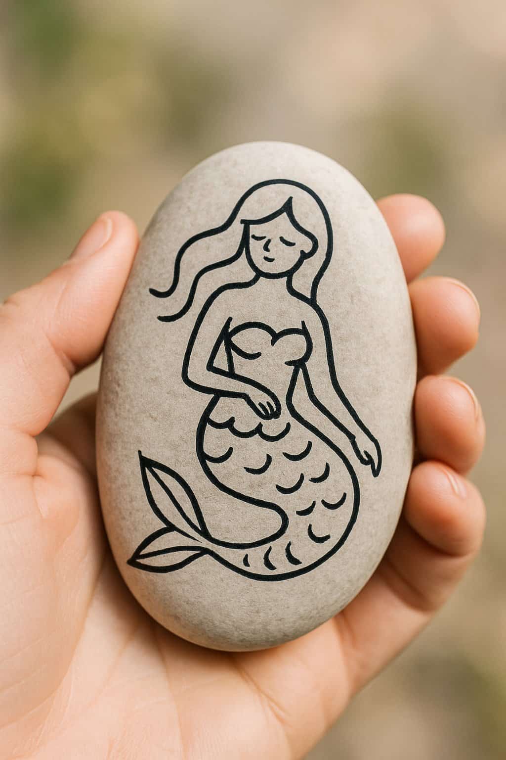 A hand holding a smooth river rock painted with a simple black outline of a mermaid.