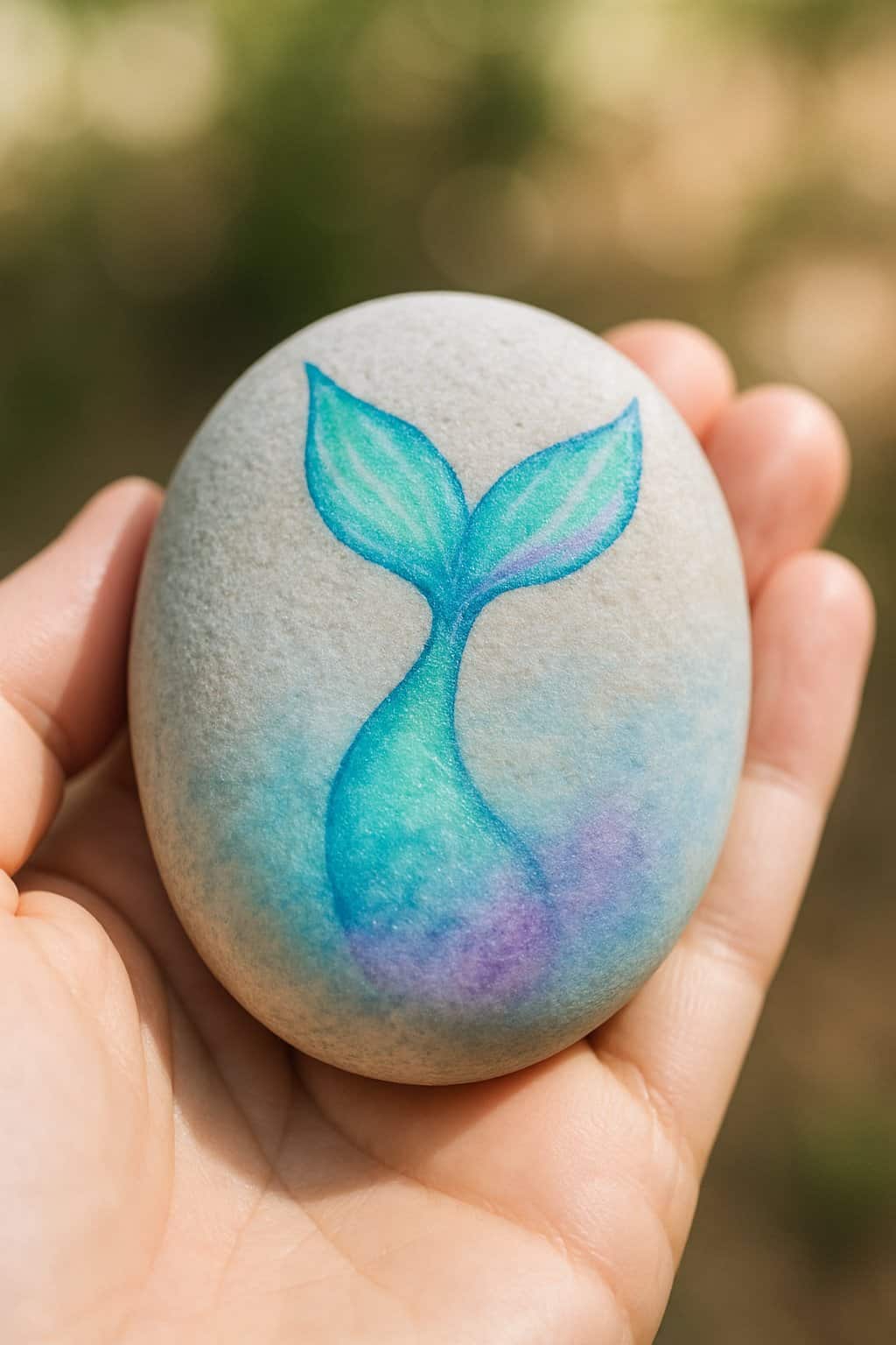 A hand holding a smooth river rock painted with a colorful mermaid tail design.