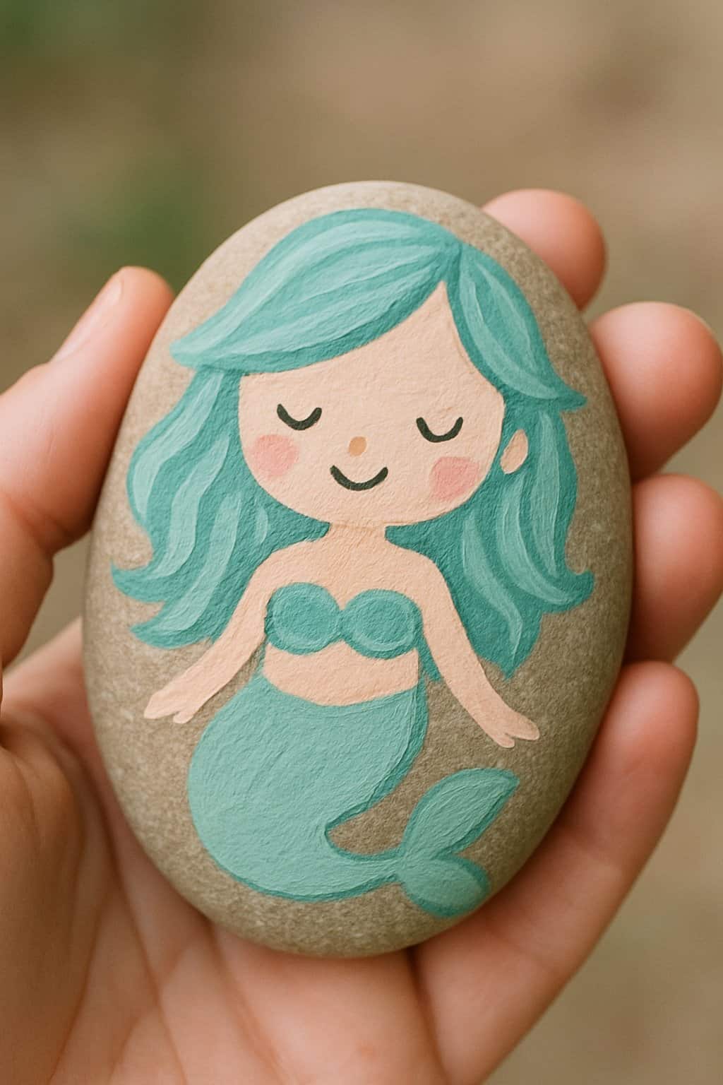 A hand holding a smooth river rock painted with a smiling mermaid face.