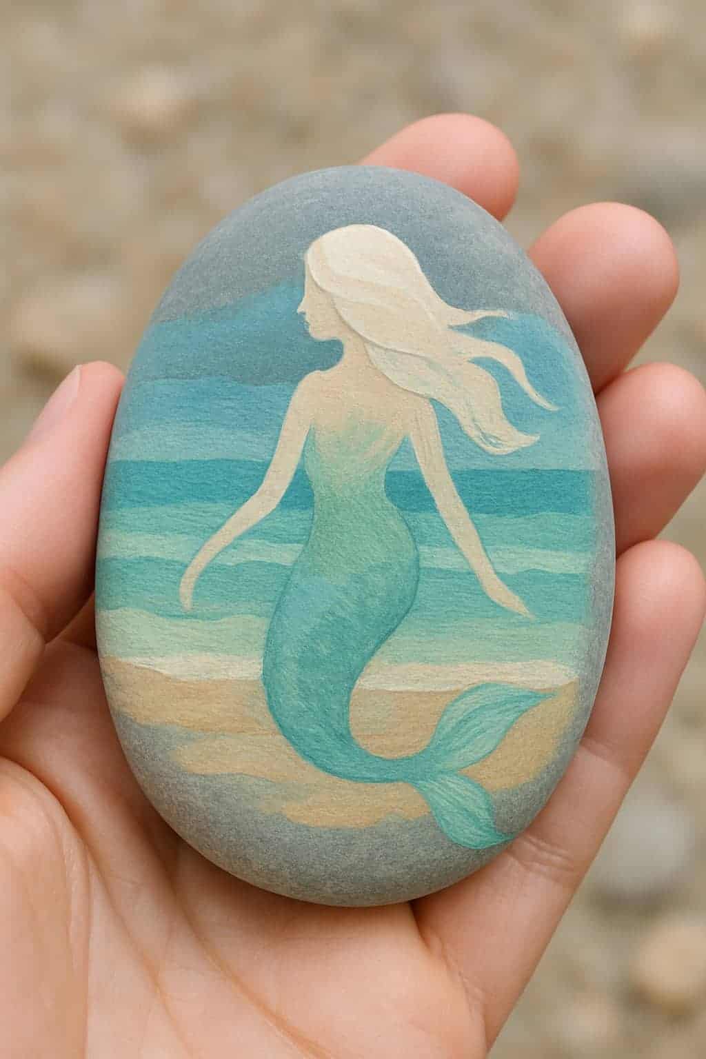 A hand holding a smooth river rock painted with coastal colors and a simple ocean-themed design.