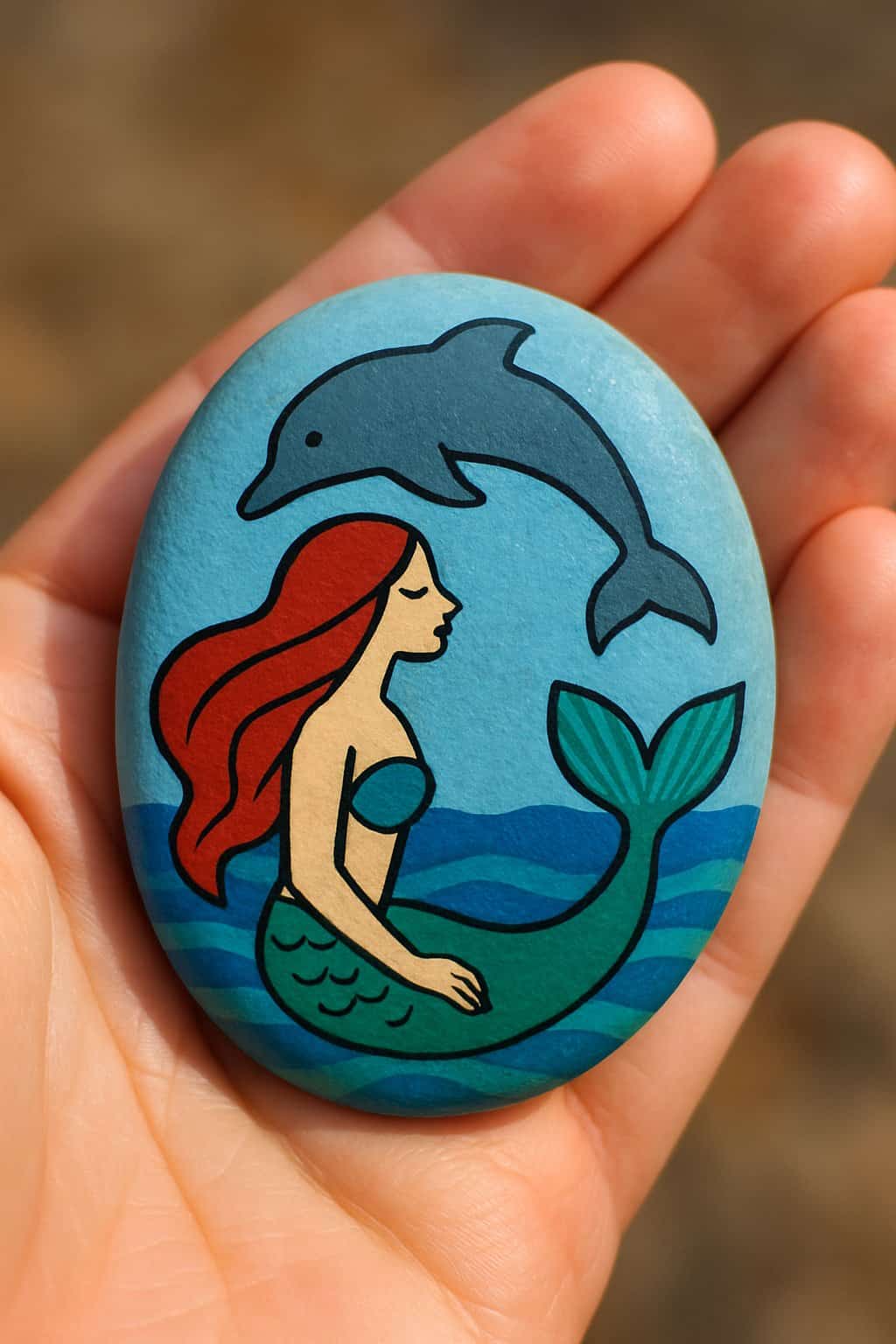 A hand holding a smooth river rock painted with a mermaid and dolphin design.
