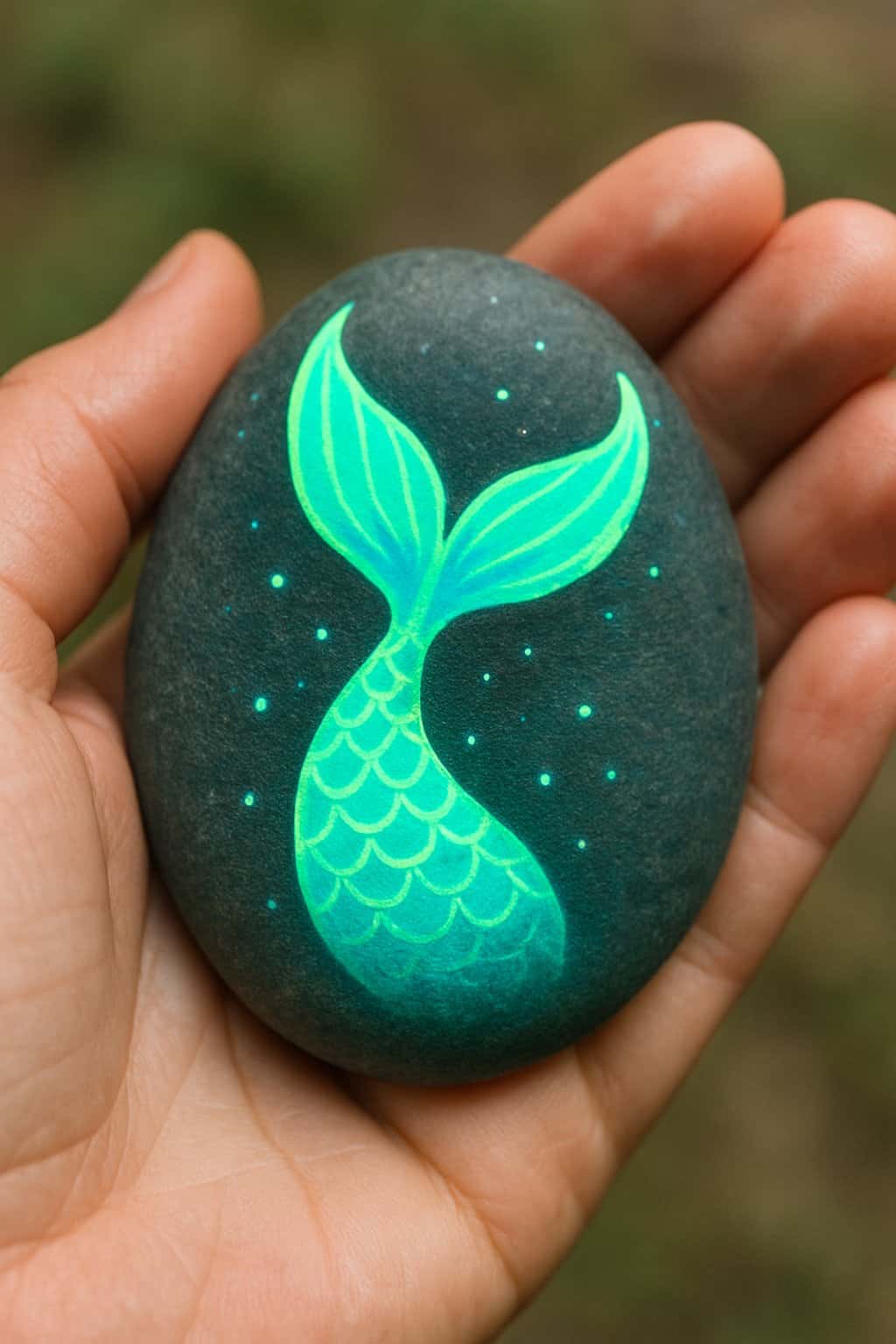 A hand holding a smooth river rock painted with a glow-in-the-dark mermaid tail design.