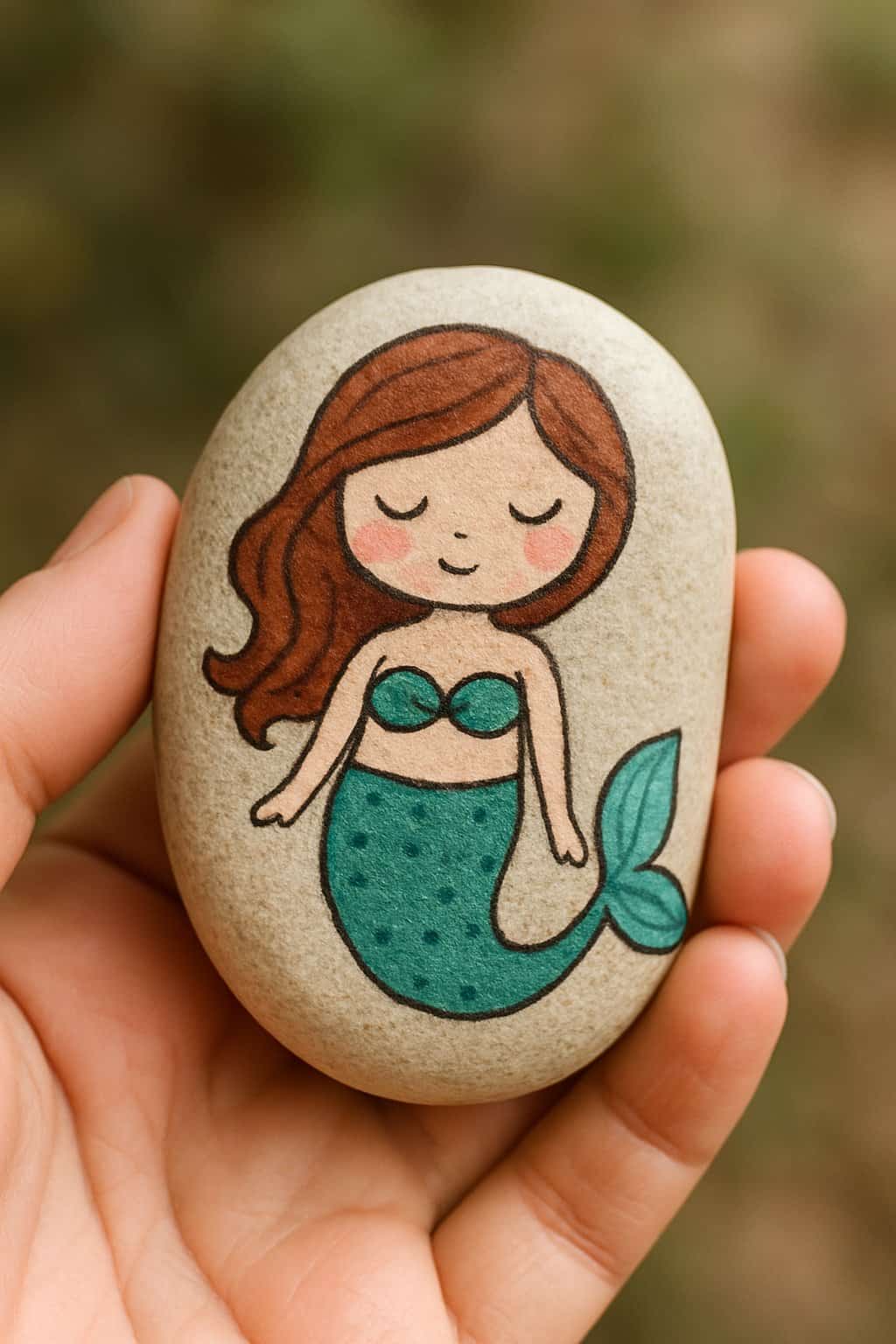 A hand holding a smooth river rock painted with a simple mermaid design.