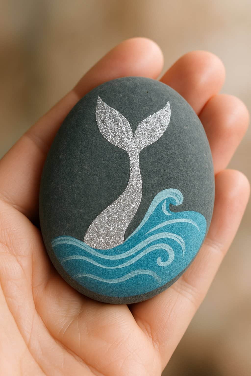 A hand holding a smooth river rock painted with a silver glitter tail and wave patterns.