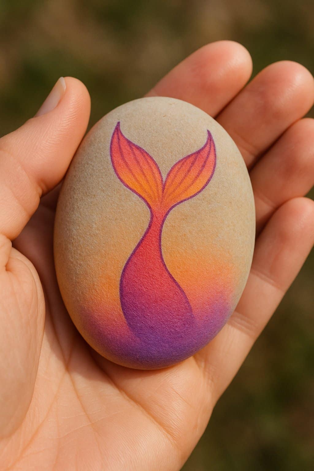 A hand holding a smooth river rock painted with a colorful mermaid tail design.