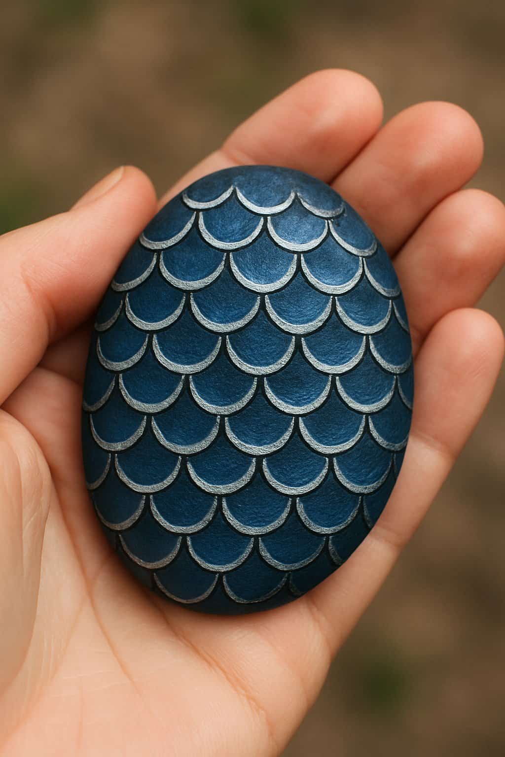 A hand holding a smooth painted rock with dark blue and silver scale patterns.