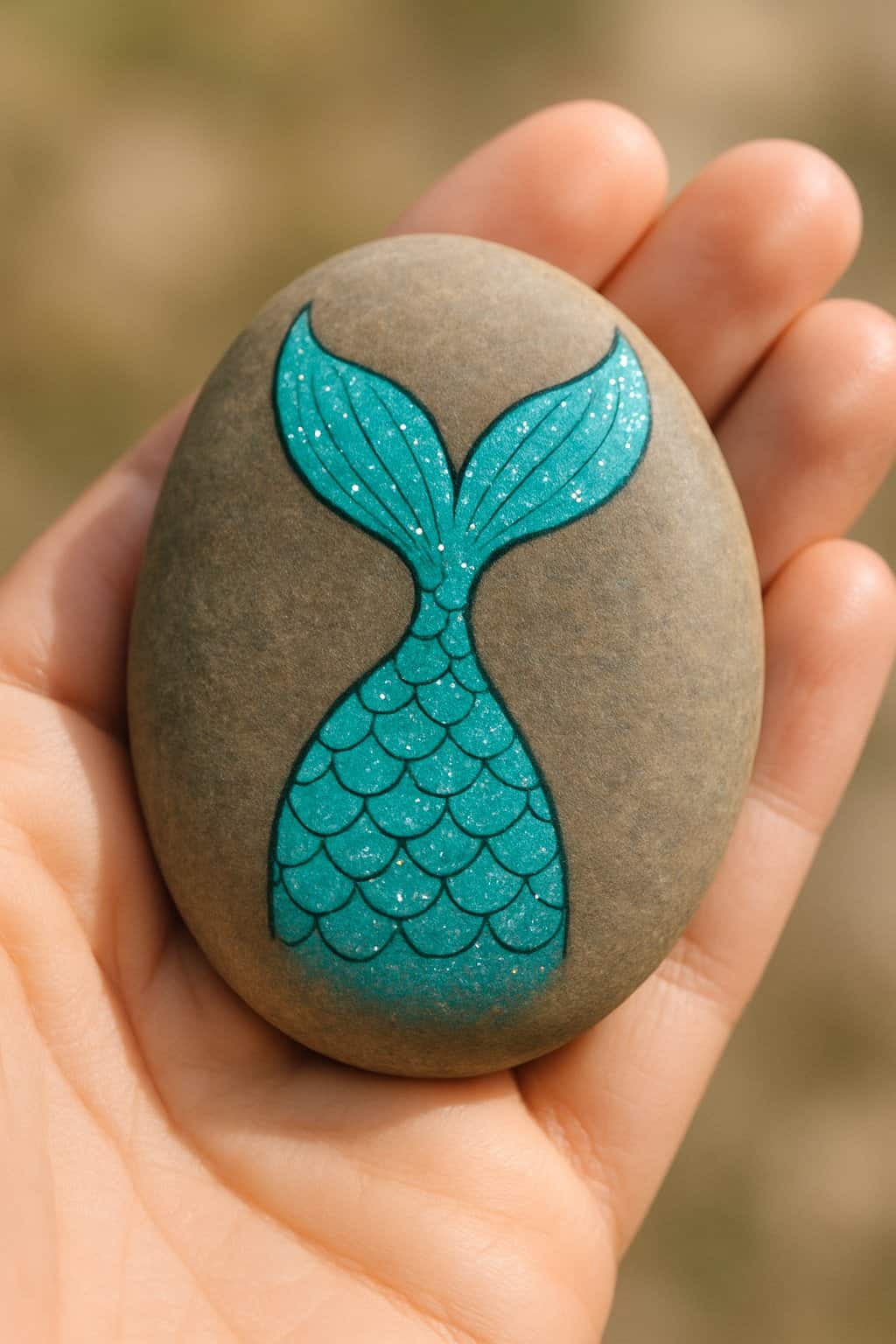 A hand holding a smooth river rock painted with a bubbly mermaid tail design with tiny glitter dots.