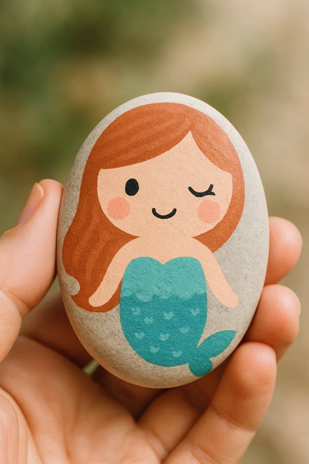 Hand holding a smooth river rock painted with a cute mermaid face winking.