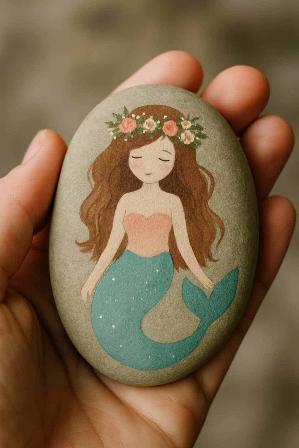 A hand holding a smooth river rock painted with a mermaid wearing a floral crown.