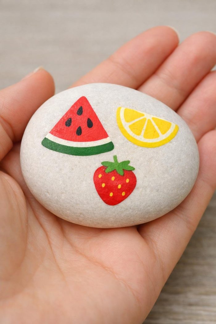 A hand holds a smooth white stone decorated with colorful painted images of a watermelon slice, a lemon wedge, and a strawberry.