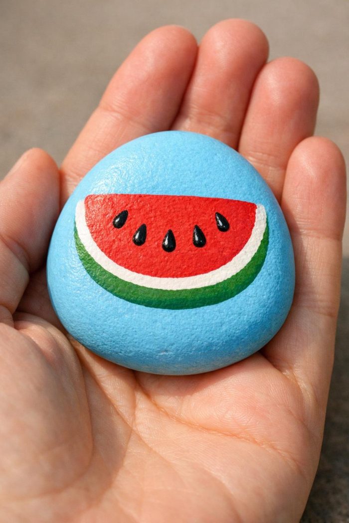 A hand holds a smooth, round stone painted blue with a colorful image of a watermelon slice, featuring red flesh, black seeds, and a green and white rind.