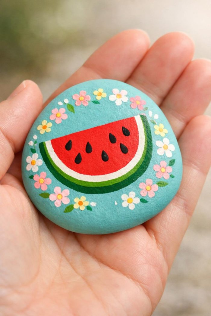 A hand holds a round, painted stone featuring a watermelon slice in the center, surrounded by colorful yellow, white, and pink flowers on a light blue background.