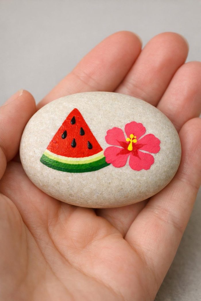 A hand holds a smooth, light-colored stone painted with a slice of watermelon and a pink hibiscus flower.