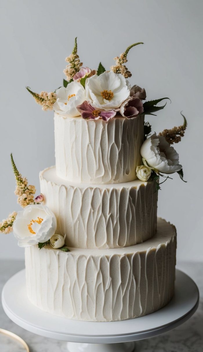 A three-tiered white cake with textured buttercream icing, decorated with white and pink flowers and greenery, displayed on a white cake stand.