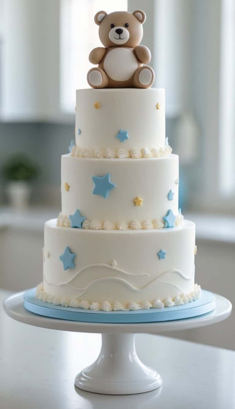 A three-tiered white cake decorated with blue and yellow stars, piped icing, and topped with a fondant teddy bear, displayed on a white cake stand in a bright room.