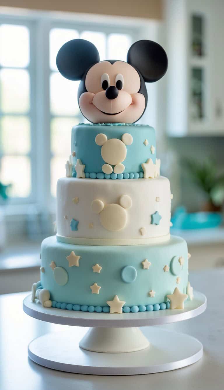 A three-tiered cake decorated in blue and white with star and circle shapes, topped with a large fondant Mickey Mouse head, sits on a white stand in a bright kitchen.