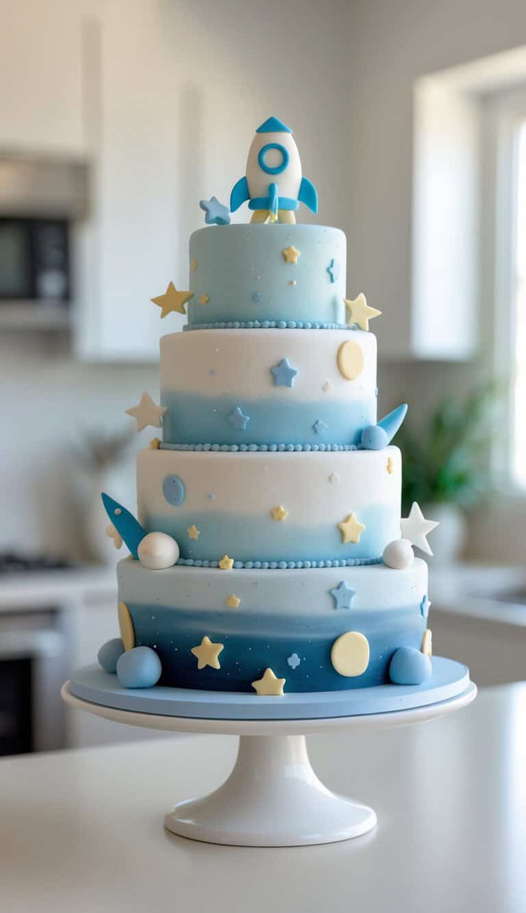 A four-tiered cake decorated with blue and white gradients, stars, clouds, planets, and topped with a rocket ship, displayed on a white cake stand in a modern kitchen.