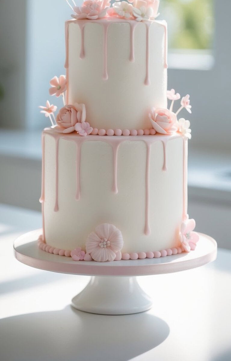 A two-tiered white cake with pale pink drip icing, decorated with pink fondant flowers and pearls, sits on a white cake stand in a sunlit room.