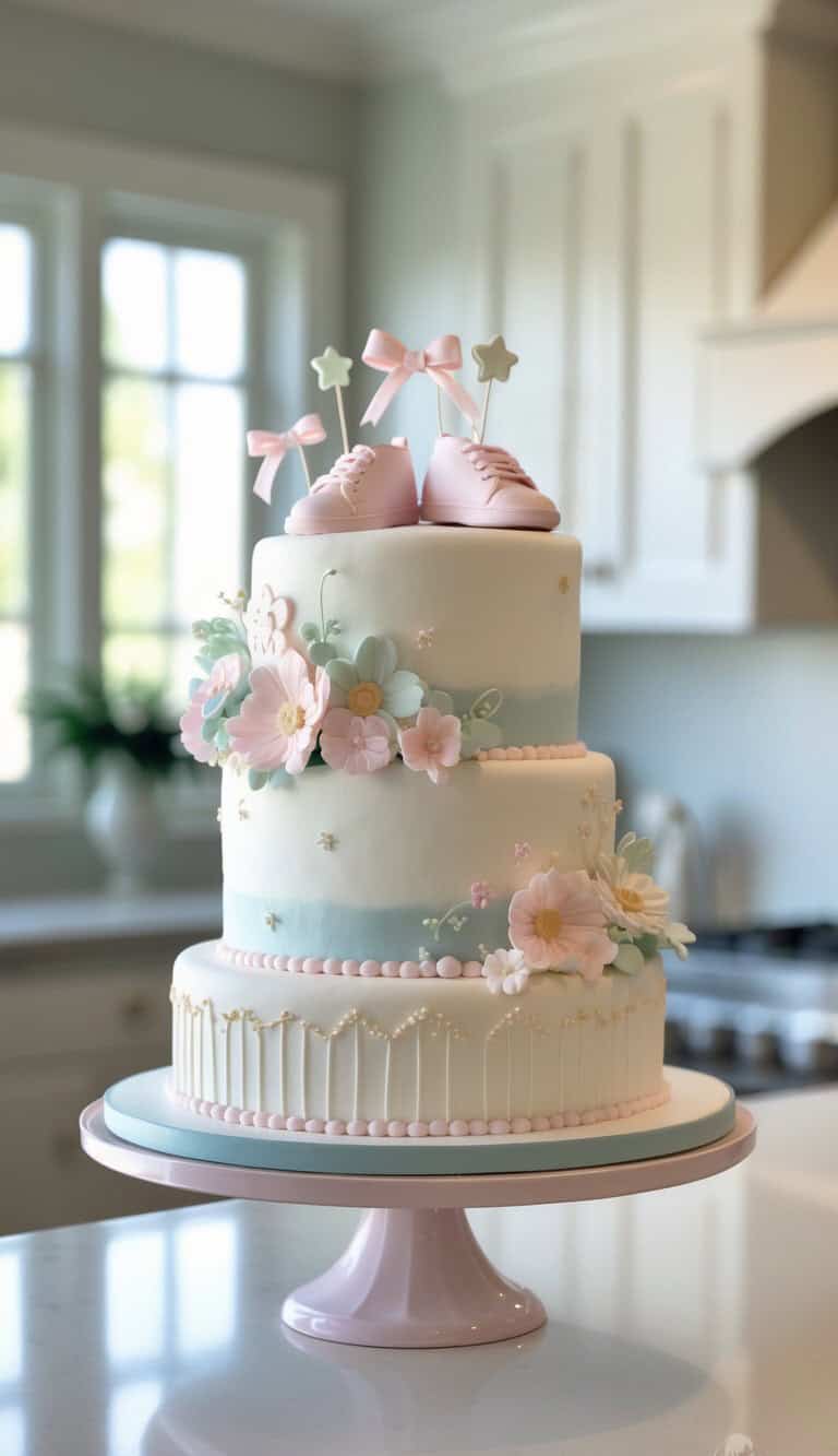 A two-tier cake decorated with pastel flowers, gold accents, and topped with pink baby shoes and stars, displayed on a pink cake stand in a bright kitchen.
