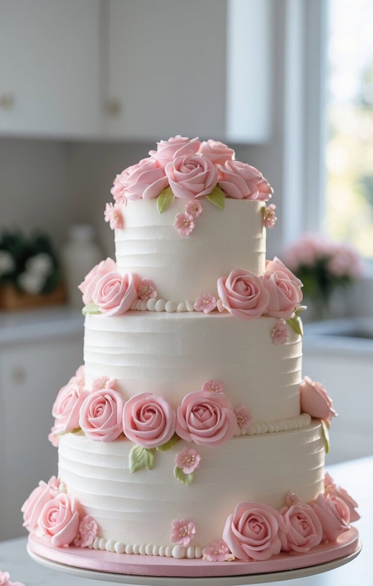 A three-tiered white cake decorated with pink fondant roses, small pink flowers, pearl-like beads, and green leaves sits on a kitchen counter with a bright, softly lit background.